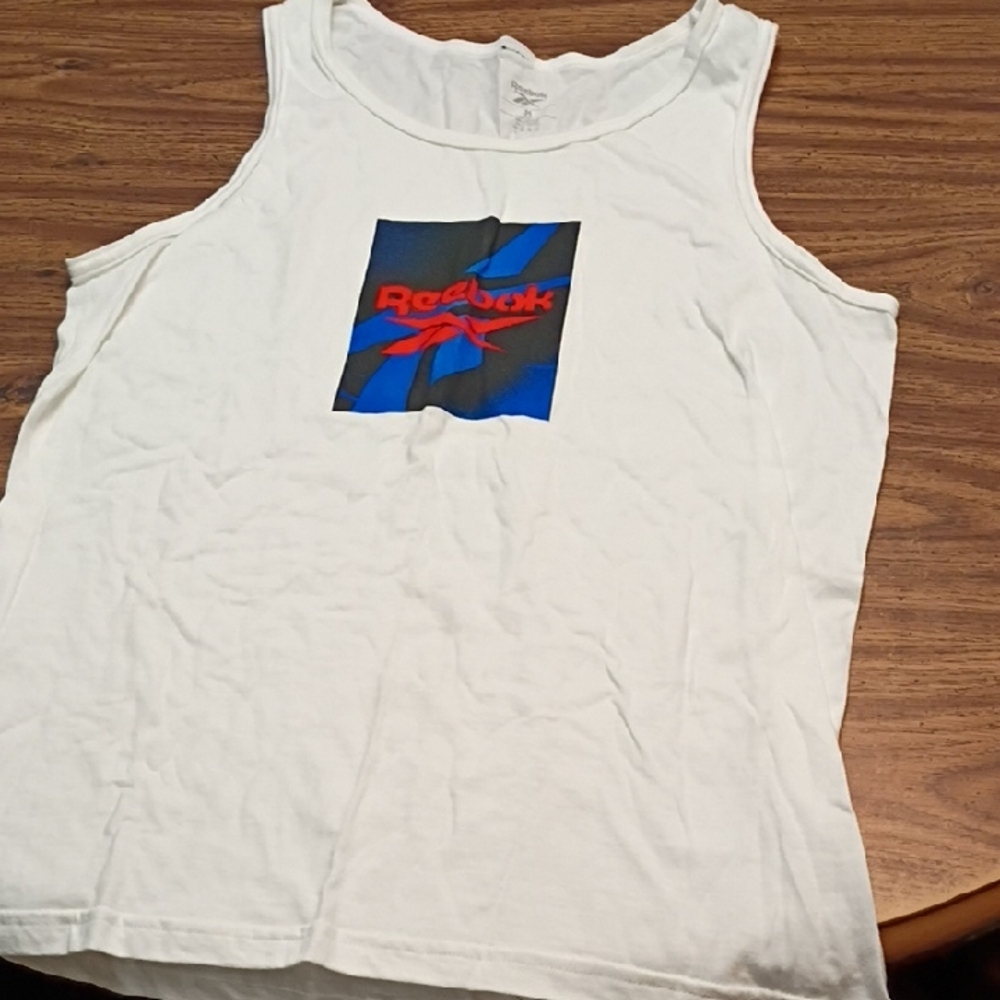 Reebok White Tank Top with Blue and Red Logo Men's Size Medium